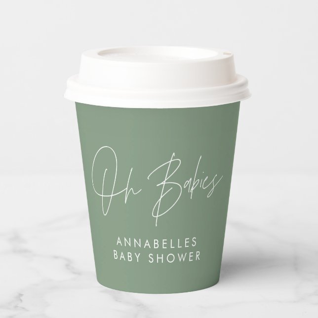 Baby shower twin modern sage green elegant paper cups (Front)