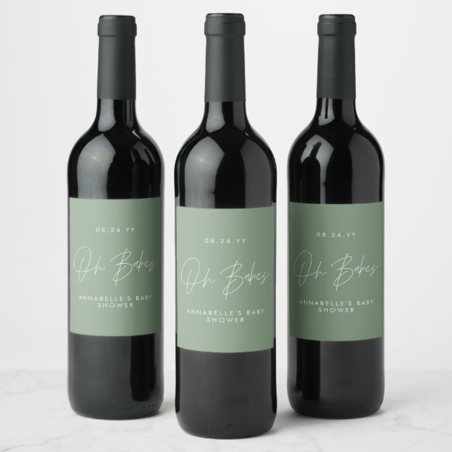 Baby shower twin modern sage green elegant wine label (Bottles)