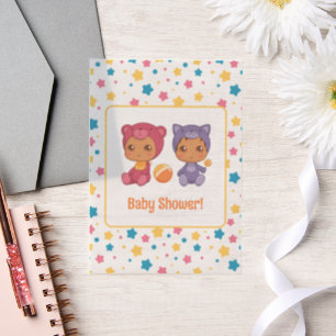 Baby Shower Twins Cat Bear Stars Dark Insert Vellum Invitations