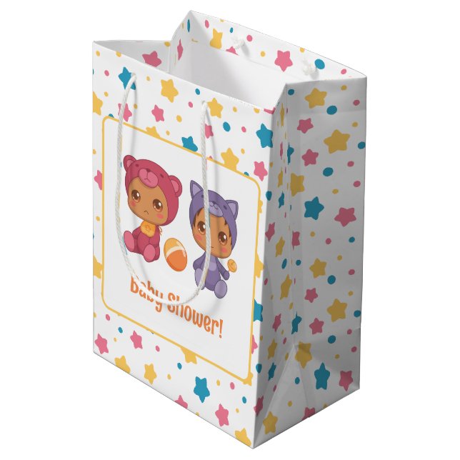 Baby Shower Twins Cat Bear Stars Dark Medium Gift Bag (Back Angled)