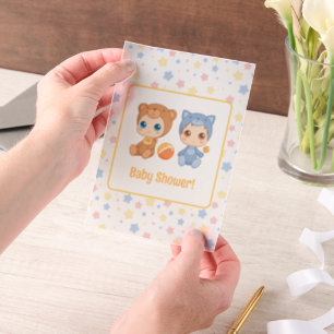 Baby Shower Twins Cat Bear Stars Insert Vellum Invitations