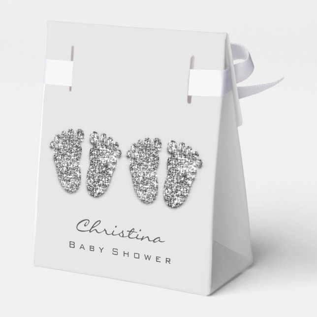 Baby Shower Twins Feet Drips Glitter Silver Grey  Favor Box (Back Side)