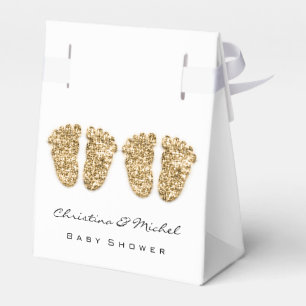 Baby Shower Twins Feet Glitter Gold White Favor Box
