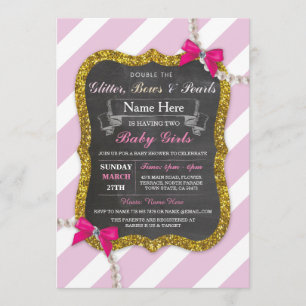 Baby Shower Twins Pink Stripe Glitter Girls Invite