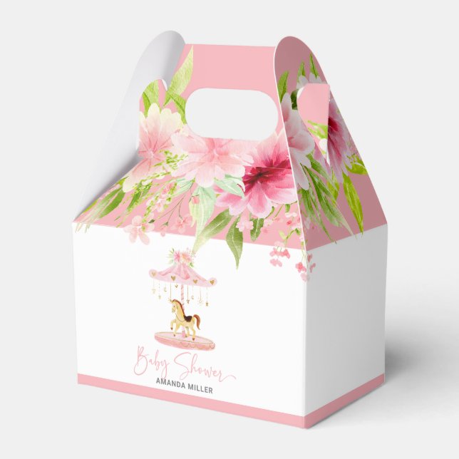 Baby Shower Typography Pink Floral Pony Carousel Favor Box (Front Side)