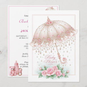 Baby Shower Umbrella Raindrops Pink Roses Invitation