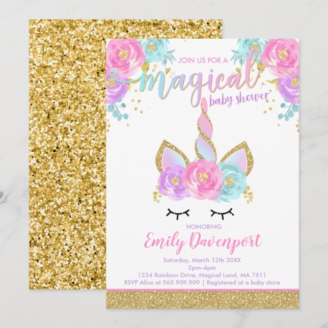 Baby shower Unicorn Invitation Baby shower magique (Devant / Derrière)
