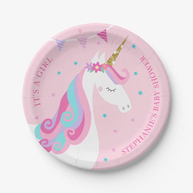 Baby Shower Unicorn Pink Personalized Paper Plate (Front)