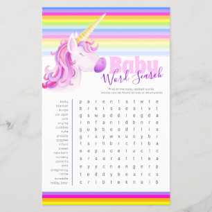 Baby shower unicorn watercolor art word search flyer