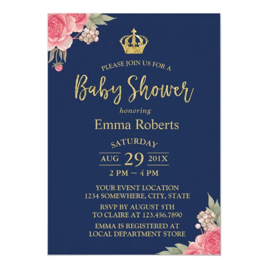 Baby Shower Vintage Floral Gold Crown Elegant Navy Card