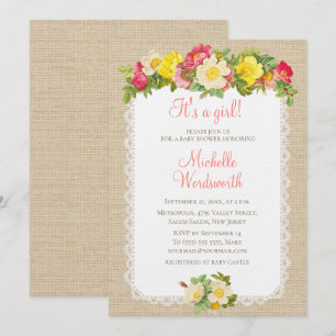 Baby Shower Vintage Floral Linen Rustic Invitation