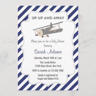 Baby shower vintage Plane Invitation Bleu