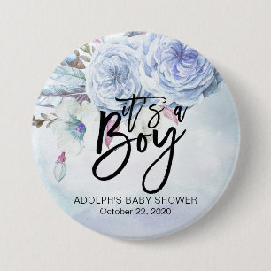 Baby Shower Watercolor Bohemian Flowers & Feathers 3 Inch Round Button