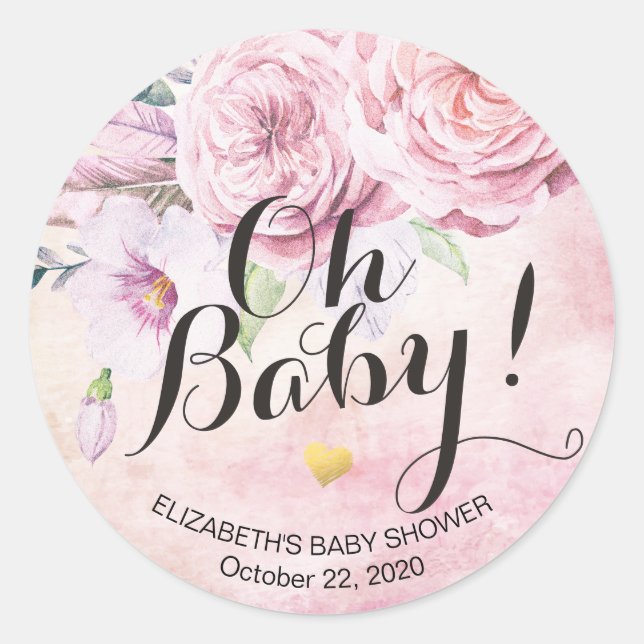 Baby Shower Watercolor Bohemian Flowers & Feathers Classic Round Sticker (Front)