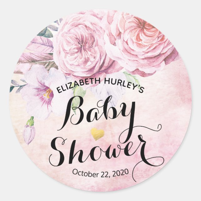 Baby Shower Watercolor Bohemian Flowers & Feathers Classic Round Sticker (Front)