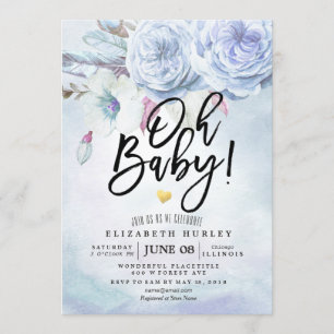 Baby Shower Watercolor Bohemian Flowers & Feathers Invitation