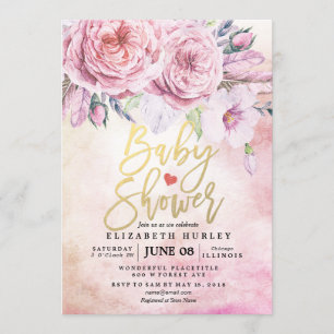 Baby Shower Watercolor Bohemian Flowers & Feathers Invitation