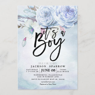 Baby Shower Watercolor Bohemian Flowers & Feathers Invitation