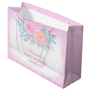 Baby Shower Watercolor Bouquet Pink Roses Girl Large Gift Bag