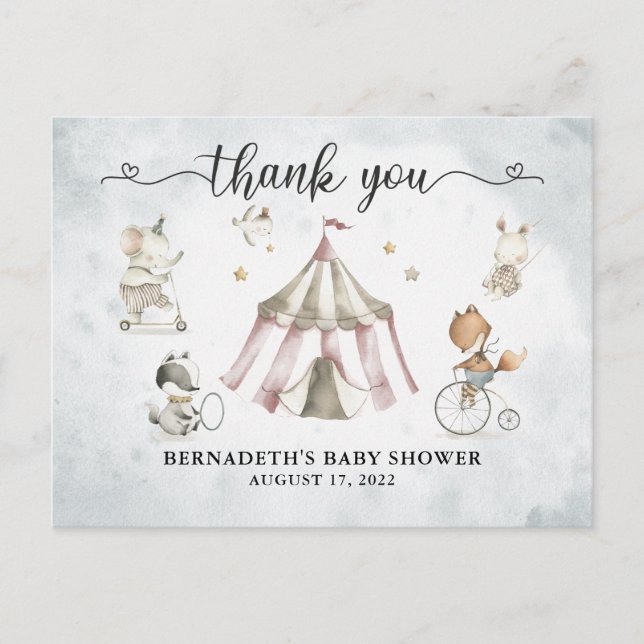 Baby Shower Watercolor Circus Thank You Postcard (Front)