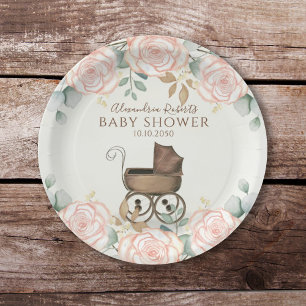 Baby Shower Watercolor Cute Girl Eucalyptus Floral Paper Plate