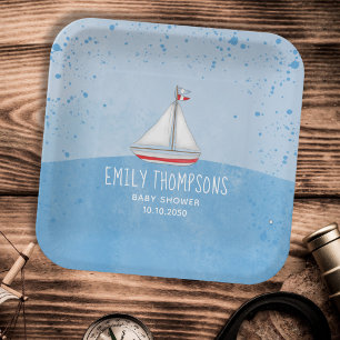 Baby Shower Watercolor Cute Whimsical Sailboat Paper Plate