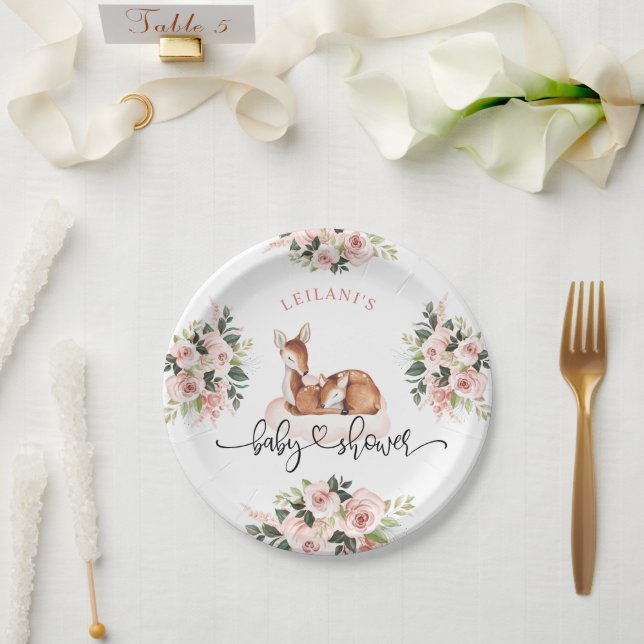 Baby Shower Watercolor Deer Pink Floral Paper Plate (Wedding)