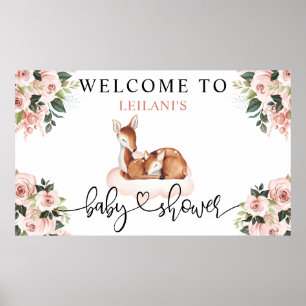 Baby Shower Watercolor Deer Pink Floral Welcome Poster