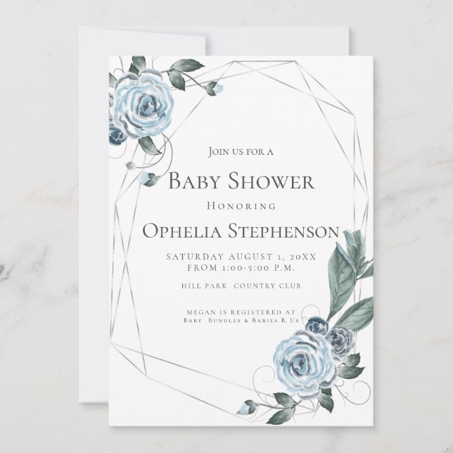 Baby Shower | Watercolor Dusty Blue Floral Announcement (Front)