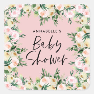 Baby shower watercolor green girly floral script square sticker