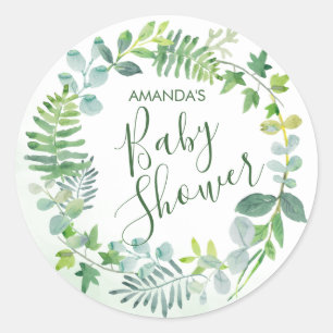 Baby Shower Watercolor Greenery Wreath Classic Round Sticker