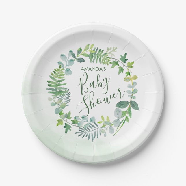 Baby Shower Watercolor Greenery Wreath Paper Plate (Front)