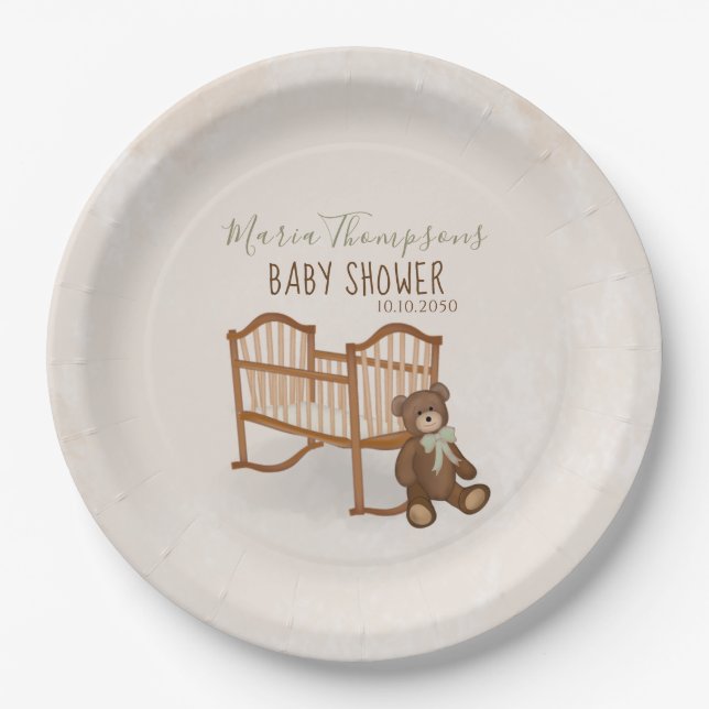 baby Shower Watercolor Modern Teddy Bear Nursery Paper Plate (Front)