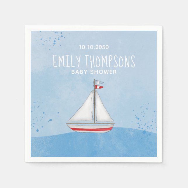 Baby Shower Watercolor Nautical Ship Whimsical Napkin (Front)