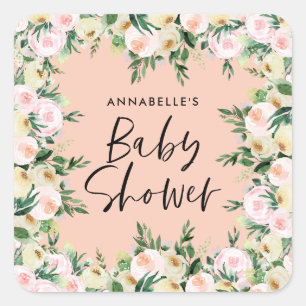 Baby shower watercolor peach girly floral script square sticker