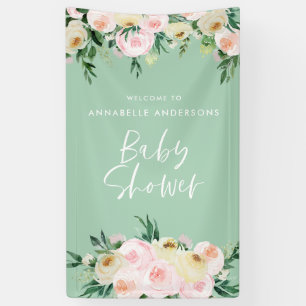Baby shower watercolor peach pink floral script banner