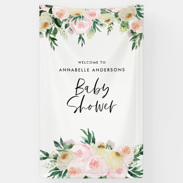 Baby shower watercolor peach pink floral script banner (Vertical)