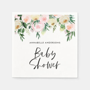 Baby shower watercolor pink girly floral script napkin