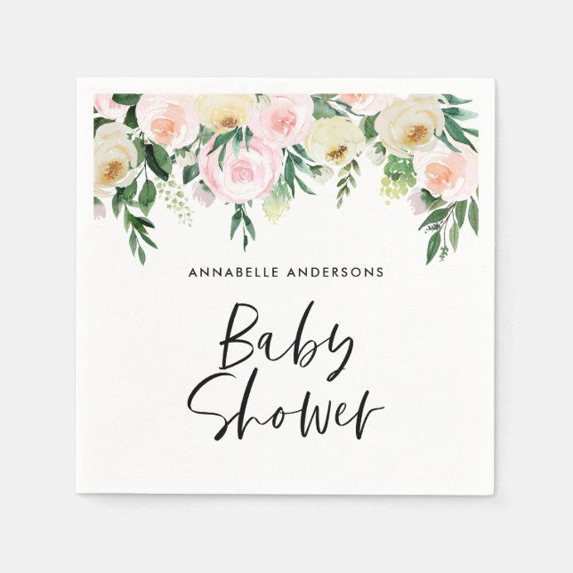 Baby shower watercolor pink girly floral script napkin (Front)