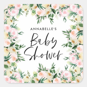 Baby shower watercolor pink girly floral script square sticker