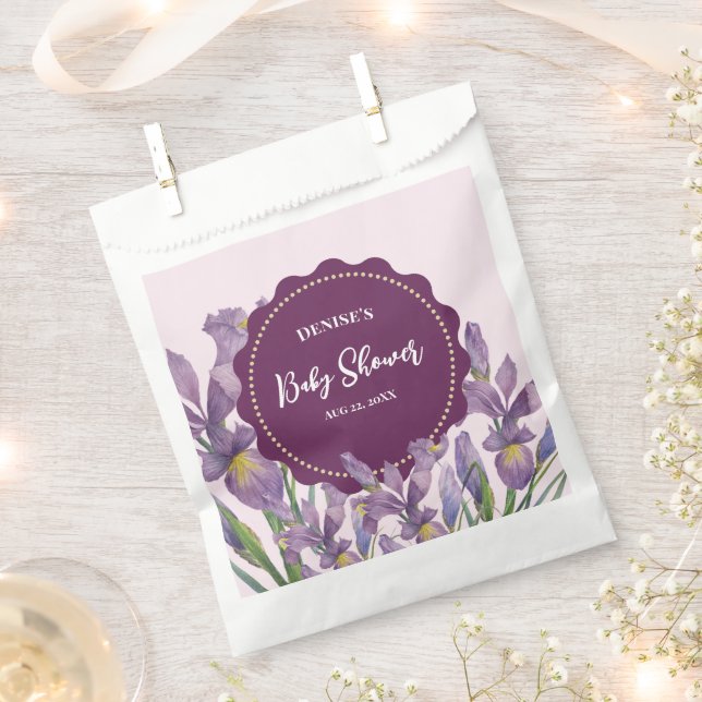 Baby Shower Watercolor Purple Irises Botanical Favour Bag (Clipped)