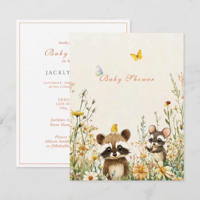Baby Shower Watercolor Racoon Mouse Butterflies Invitation (Front/Back)
