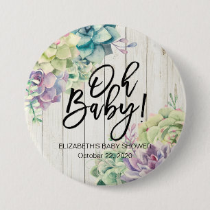 Baby Shower Watercolor Succulent Plants White Wood 3 Inch Round Button