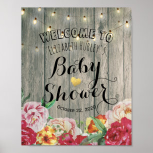 Baby Shower Welcome Chic Flowers String Light Wood Poster