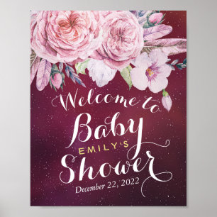 Baby Shower Welcome Floral Feathers Burgundy Red Poster
