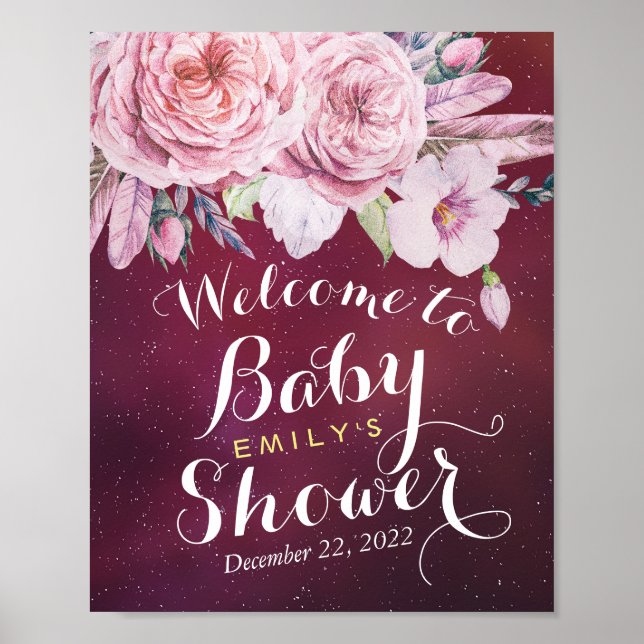 Baby Shower Welcome Floral Feathers Burgundy Red Poster (Front)