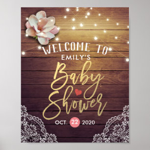 Baby Shower Welcome Sign Floral Lights Wood Lace