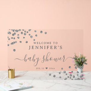 Baby Shower Welcome Silver Glitter Confetti Acrylic Sign