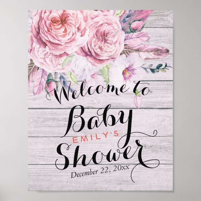 Baby Shower Welcome Watercolor Floral Rustic Wood Poster (Front)