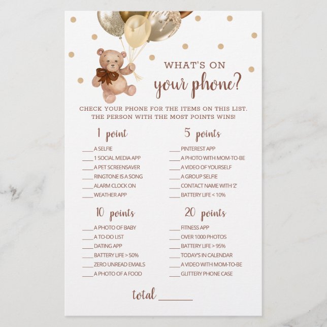 Baby Shower What's On Your Phone Game Teddy Bear (Front)